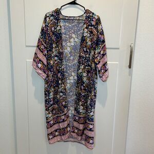Navy Floral Kimono Duster Boho Sleeve Lightweight Women‎ OS Moon Stars Shawl